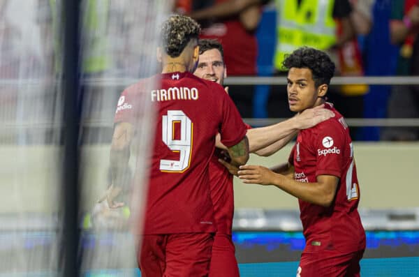 DUBAI, UNITED ARAB EMIRATES - Sunday, December 11, 2022: Liverpool's Fabio Carvalho (R) celebrates after scoring the first goal during the Dubai Super Cup 2022 match between Liverpool FC and Olympique Lyonnais at Al Maktoum Stadium. (Pic by David Rawcliffe/Propaganda)