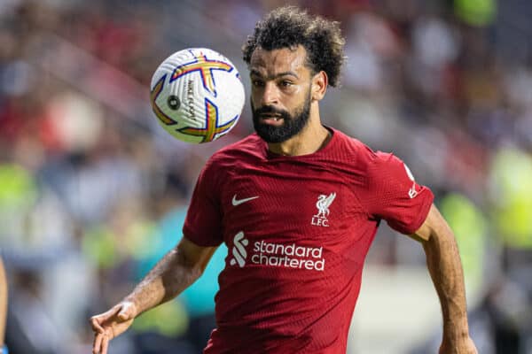 DUBAI, UNITED ARAB EMIRATES - Sunday, December 11, 2022: Liverpool's Mohamed Salah during the Dubai Super Cup 2022 match between Liverpool FC and Olympique Lyonnais at Al Maktoum Stadium. (Pic by David Rawcliffe/Propaganda)