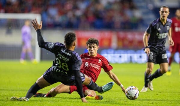 DUBAI, UNITED ARAB EMIRATES - Sunday, December 11, 2022: Liverpool's Stefan Bajcetic challenges Olympique Lyonnais' Corentin Tolisso, and was shown a yellow card after, during the Dubai Super Cup 2022 match between Liverpool FC and Olympique Lyonnais at Al Maktoum Stadium. (Pic by David Rawcliffe/Propaganda)