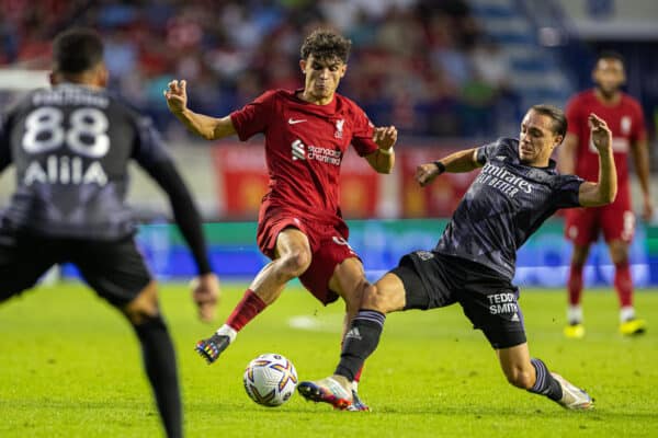 DUBAI, UNITED ARAB EMIRATES - Sunday, December 11, 2022: Liverpool's Stefan Bajcetic (L) is challenged by Olympique Lyonnais' Maxence Caqueret during the Dubai Super Cup 2022 match between Liverpool FC and Olympique Lyonnais at Al Maktoum Stadium. (Pic by David Rawcliffe/Propaganda)