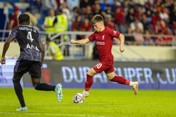 DUBAI, UNITED ARAB EMIRATES - Sunday, December 11, 2022: Liverpool's Ben Doak during the Dubai Super Cup 2022 match between Liverpool FC and Olympique Lyonnais at Al Maktoum Stadium. (Pic by David Rawcliffe/Propaganda)