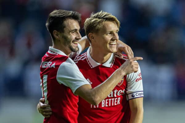 DUBAI, UNITED ARAB EMIRATES - Tuesday, December 13, 2022: Arsenal's Martin Ødegaard (R) celebrates with team-mate Fabio Vieira (L) after scoring the first goal during the Dubai Super Cup 2022 match between Arsenal FC and AC Milan at the Al Maktoum Stadium. (Pic by David Rawcliffe/Propaganda)