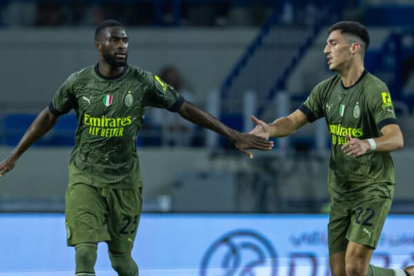 DUBAI, UNITED ARAB EMIRATES - Tuesday, December 13, 2022: AC Milan's Fikayo Tomori (L) celebrates with team-mate Marko Lazetic after scoring  his side's only goal during the Dubai Super Cup 2022 match between Arsenal FC and AC Milan at the Al Maktoum Stadium. (Pic by David Rawcliffe/Propaganda)