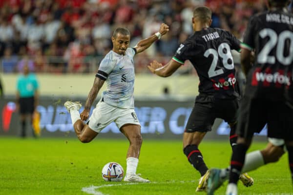 DUBAI, UNITED ARAB EMIRATES - Friday, December 16, 2022: Liverpool's Thiago Alcântara scores the second goal during the Dubai Super Cup 2022 match between Liverpool FC and AC Milan at the Al Maktoum Stadium. (Pic by David Rawcliffe/Propaganda)