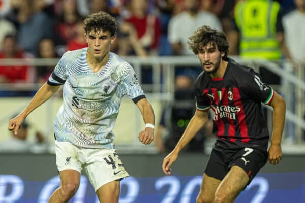 DUBAI, UNITED ARAB EMIRATES - Friday, December 16, 2022: Liverpool's Stefan Bajcetic (L) during the Dubai Super Cup 2022 match between Liverpool FC and AC Milan at the Al Maktoum Stadium. (Pic by David Rawcliffe/Propaganda)