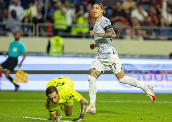 DUBAI, UNITED ARAB EMIRATES - Friday, December 16, 2022: Liverpool's Darwin Núñez celebrates after scoring the third goal during the Dubai Super Cup 2022 match between Liverpool FC and AC Milan at the Al Maktoum Stadium. (Pic by David Rawcliffe/Propaganda)