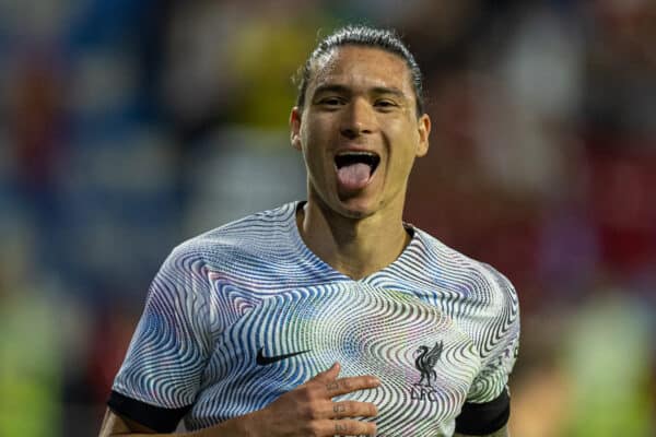 DUBAI, UNITED ARAB EMIRATES - Friday, December 16, 2022: Liverpool's Darwin Núñez celebrates after scoring the fourth goal during the Dubai Super Cup 2022 match between Liverpool FC and AC Milan at the Al Maktoum Stadium. (Pic by David Rawcliffe/Propaganda)