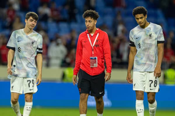 DUBAI, UNITED ARAB EMIRATES - Friday, December 16, 2022: Liverpool's youngsters Dominic Corness, Kaide Gordon, and Jarell Quansah after the Dubai Super Cup 2022 match between Liverpool FC and AC Milan at the Al Maktoum Stadium. (Pic by David Rawcliffe/Propaganda)