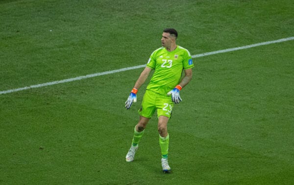 DOHA, QATAR - Sunday, December 18, 2022: Argentina's goalkeeper Emiliano Martínez celebrates after the second France penalty of the shoot-out during the FIFA World Cup Qatar 2022 Final match between Argentina and France at the Lusail Stadium. (Pic by David Rawcliffe/Propaganda)