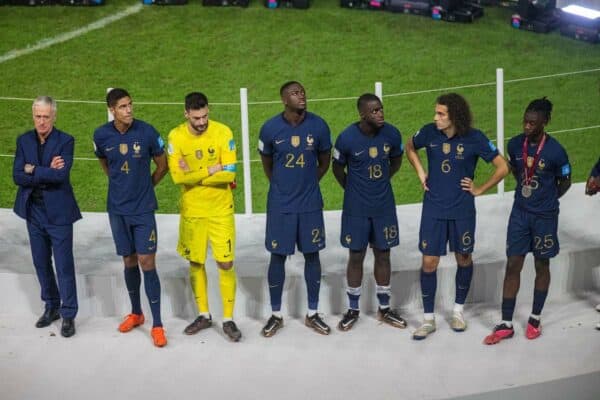 DOHA, QATAR - Sunday, December 18, 2022: France players look dejected on the podium after the FIFA World Cup Qatar 2022 Final match between Argentina and France at the Lusail Stadium. The game ended in a 3-3 draw, Argentina won 4-2 on penalties. France's head coach Didier Deschamps, aptain Raphaël Varane, goalkeeper Hugo Lloris, Ibrahima Konaté, Dayot Upamecano, Mattéo Guendouzi, Eduardo Camavinga. (Pic by David Rawcliffe/Propaganda)