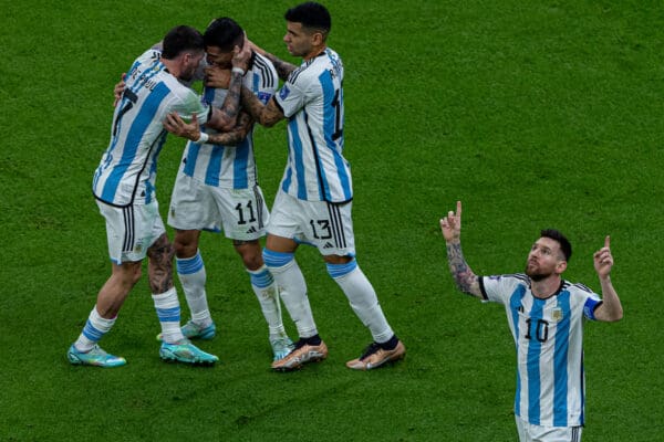 DOHA, QATAR - Sunday, December 18, 2022: Argentina's captain Lionel Messi celebrates after scoring the opening goal during the FIFA World Cup Qatar 2022 Final match between Argentina and France at the Lusail Stadium. (Pic by David Rawcliffe/Propaganda)