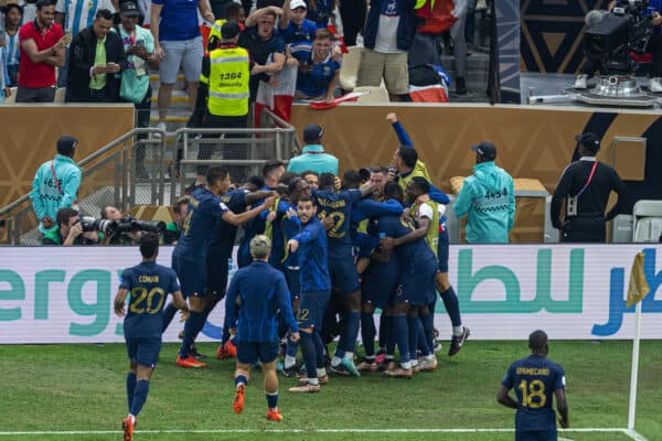 DOHA, QATAR - Sunday, December 18, 2022: France's Kylian Mbappé celebrates after scoring the second goal during the FIFA World Cup Qatar 2022 Final match between Argentina and France at the Lusail Stadium. (Pic by David Rawcliffe/Propaganda)