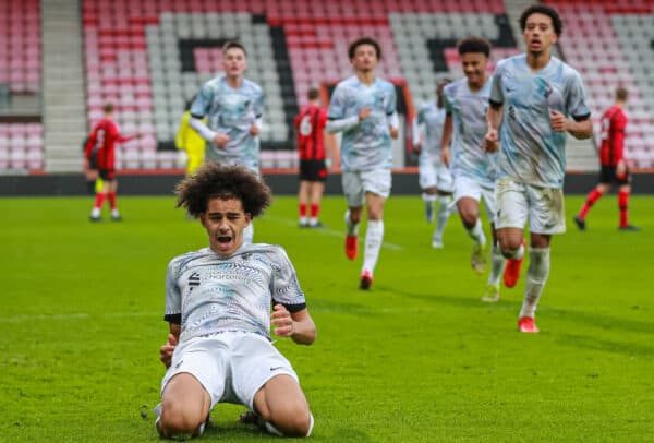 BOURNEMOUTH, ENGLAND - Thursday, December 22, 2022: Liverpool's Jayden Dannss celebrates after scoring the opening goal during the FA Youth Cup 3rd Round match between AFC Bournemouth Under-18's and Liverpool FC Under-18's at the Dean Court. (Pic by Rcihard Crease/Propaganda)