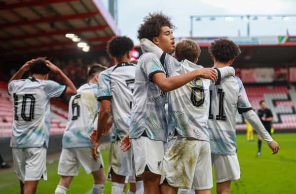 BOURNEMOUTH, ENGLAND - Thursday, December 22, 2022: Liverpool's Jayden Dannss (C) celebrates with team-mates after scoring the opening goal during the FA Youth Cup 3rd Round match between AFC Bournemouth Under-18's and Liverpool FC Under-18's at the Dean Court. (Pic by Rcihard Crease/Propaganda)