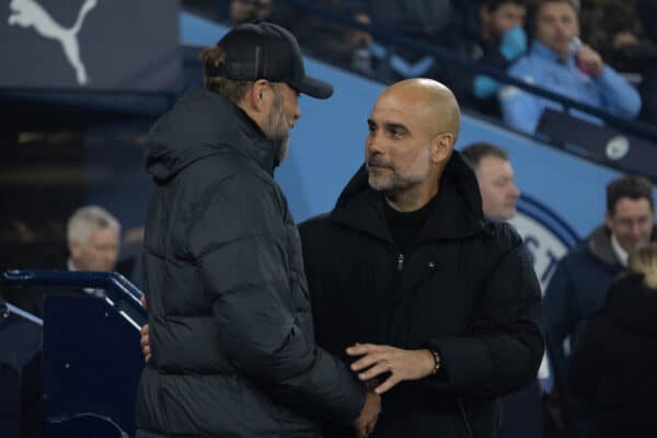 MANCHESTER, ENGLAND - Thursday, December 22, 2022: Manchester City's manager Josep 'Pep' Guardiola (R) and Liverpool's manager Jürgen Klopp during the Football League Cup 4th Round match between Manchester City FC and Liverpool FC at the City of Manchester Stadium. (Pic by David Rawcliffe/Propaganda)