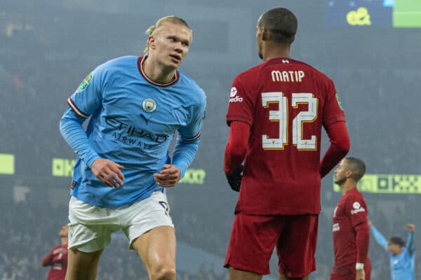 MANCHESTER, ENGLAND - Thursday, December 22, 2022: Manchester City's Erling Haaland celebrates after scoring the opening goal during the Football League Cup 4th Round match between Manchester City FC and Liverpool FC at the City of Manchester Stadium. (Pic by David Rawcliffe/Propaganda)