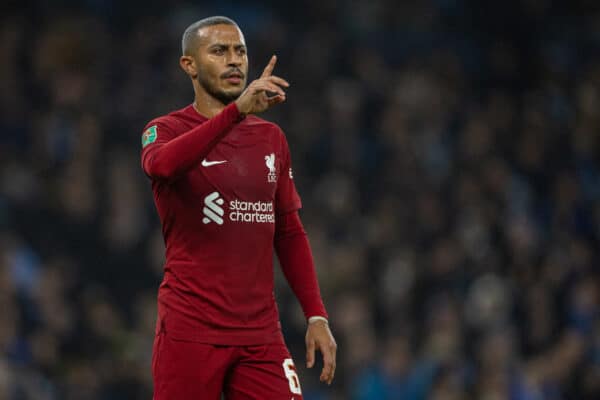 MANCHESTER, ENGLAND - Thursday, December 22, 2022: Liverpool's Thiago Alcântara during the Football League Cup 4th Round match between Manchester City FC and Liverpool FC at the City of Manchester Stadium. (Pic by David Rawcliffe/Propaganda)