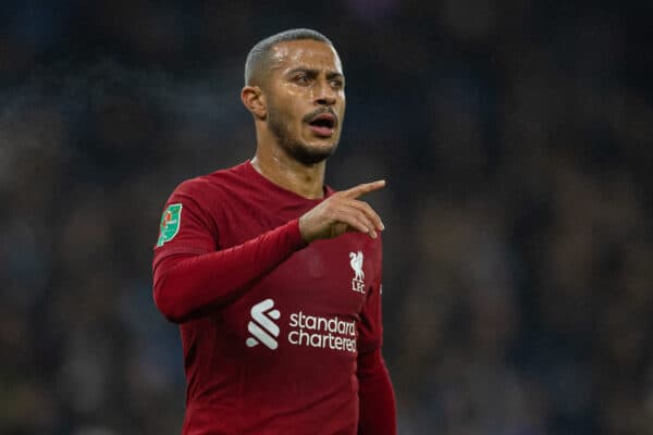 MANCHESTER, ENGLAND - Thursday, December 22, 2022: Liverpool's Thiago Alcântara during the Football League Cup 4th Round match between Manchester City FC and Liverpool FC at the City of Manchester Stadium. (Pic by David Rawcliffe/Propaganda)