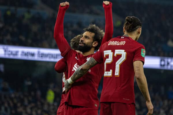 MANCHESTER, ENGLAND - Thursday, December 22, 2022: Liverpool's Mohamed Salah celebrates after scoring the second equalising goal to level the score at 2-2 during the Football League Cup 4th Round match between Manchester City FC and Liverpool FC at the City of Manchester Stadium. (Pic by David Rawcliffe/Propaganda)