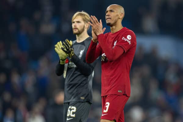 MANCHESTER, ENGLAND - Thursday, December 22, 2022: Liverpool's Fabio Henrique Tavares 'Fabinho' (R) and goalkeeper Caoimhin Kelleher (L) applaud the supporters after the Football League Cup 4th Round match between Manchester City FC and Liverpool FC at the City of Manchester Stadium. (Pic by David Rawcliffe/Propaganda)