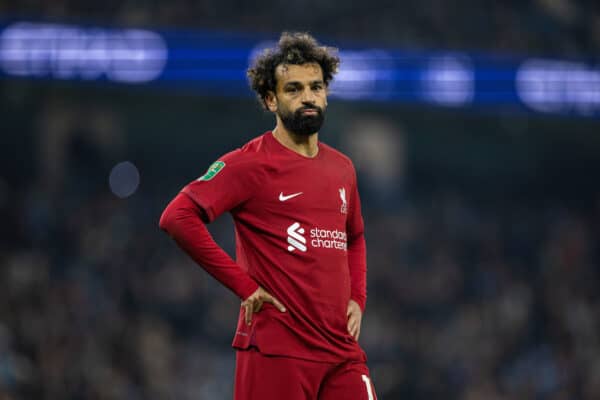 MANCHESTER, ENGLAND - Thursday, December 22, 2022: Liverpool's Mohamed Salah looks dejected during the Football League Cup 4th Round match between Manchester City FC and Liverpool FC at the City of Manchester Stadium. Manchester City won 3-2. (Pic by David Rawcliffe/Propaganda)