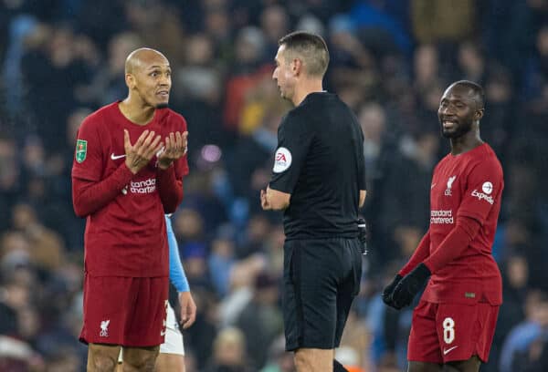 MANCHESTER, ENGLAND - Thursday, December 22, 2022: Liverpool's Fabio Henrique Tavares 'Fabinho' (L) complains to the referee during the Football League Cup 4th Round match between Manchester City FC and Liverpool FC at the City of Manchester Stadium. (Pic by David Rawcliffe/Propaganda)