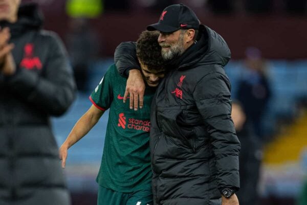 BIRMINGHAM, ENGLAND - Monday, December 26, 2022: Liverpool's manager Jürgen Klopp (R) embraces goal-scorer Stefan Bajcetic after the FA Premier League match between Aston Villa FC and Liverpool FC at Villa Park. Liverpool won 3-1. (Pic by David Rawcliffe/Propaganda)