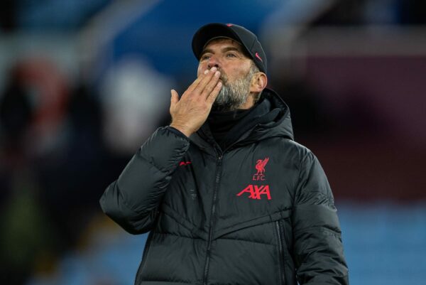 BIRMINGHAM, ENGLAND - Monday, December 26, 2022: Liverpool's manager Jürgen Klopp celebrates after the FA Premier League match between Aston Villa FC and Liverpool FC at Villa Park. Liverpool won 3-1. (Pic by David Rawcliffe/Propaganda)