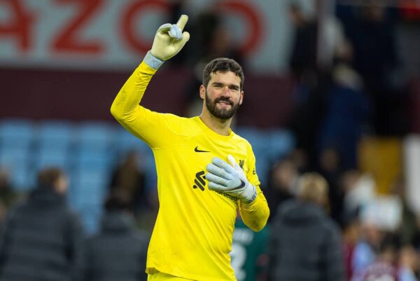 BIRMINGHAM, ENGLAND - Monday, December 26, 2022: Liverpool's goalkeeper Alisson Becker celebrates after the FA Premier League match between Aston Villa FC and Liverpool FC at Villa Park. Liverpool won 3-1. (Pic by David Rawcliffe/Propaganda)