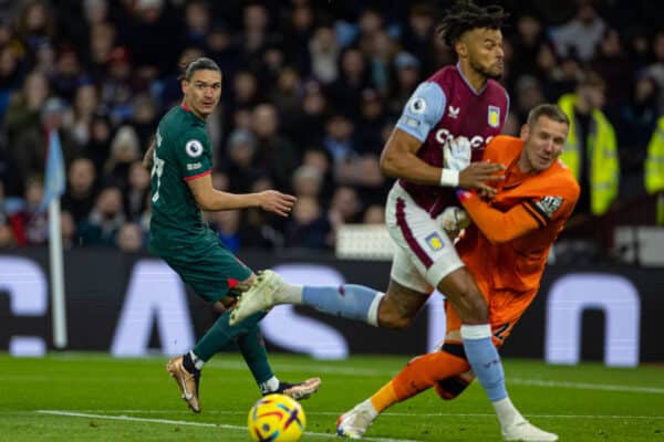 BIRMINGHAM, ENGLAND - Monday, December 26, 2022: Liverpool's Darwin Núñez looks on as Aston Villa's Tyrone Mings crashes into goalkeeper Robin Olsen during the FA Premier League match between Aston Villa FC and Liverpool FC at Villa Park. (Pic by David Rawcliffe/Propaganda)