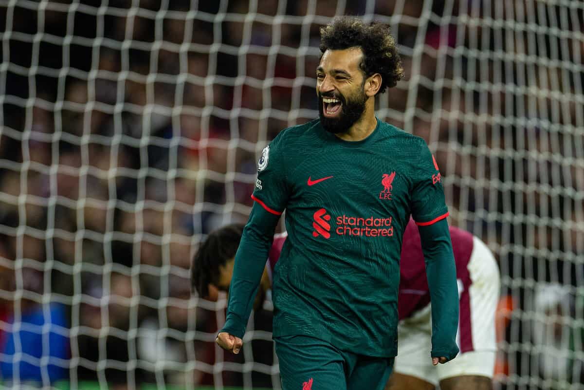 BIRMINGHAM, ENGLAND - Monday, December 26, 2022: Liverpool's Mohamed Salah celebrates after scoring the opening goal during the FA Premier League match between Aston Villa FC and Liverpool FC at Villa Park. (Pic by David Rawcliffe/Propaganda)