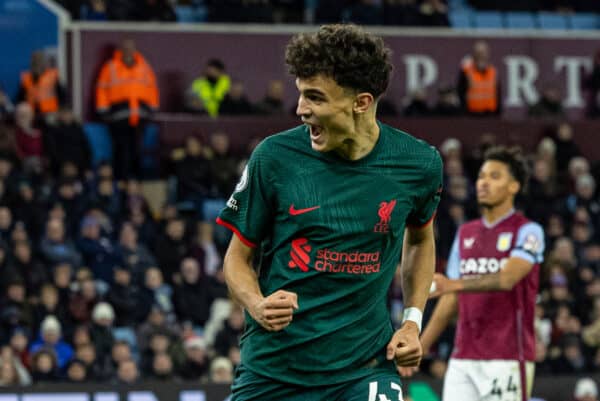 BIRMINGHAM, ENGLAND - Monday, December 26, 2022: Liverpool's Stefan Bajcetic celebrates after scoring the third goal during the FA Premier League match between Aston Villa FC and Liverpool FC at Villa Park. (Pic by David Rawcliffe/Propaganda)