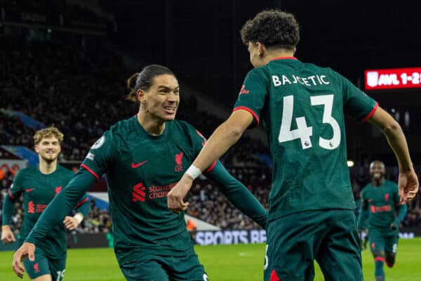 BIRMINGHAM, ENGLAND - Monday, December 26, 2022: Liverpool's Stefan Bajcetic (R) celebrates with team-mate Darwin Núñez after scoring the third goal during the FA Premier League match between Aston Villa FC and Liverpool FC at Villa Park. (Pic by David Rawcliffe/Propaganda)