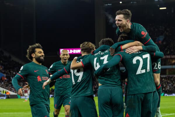 BIRMINGHAM, ENGLAND - Monday, December 26, 2022: Liverpool's Stefan Bajcetic (C) celebrates with team-mates after scoring the third goal during the FA Premier League match between Aston Villa FC and Liverpool FC at Villa Park. (Pic by David Rawcliffe/Propaganda)