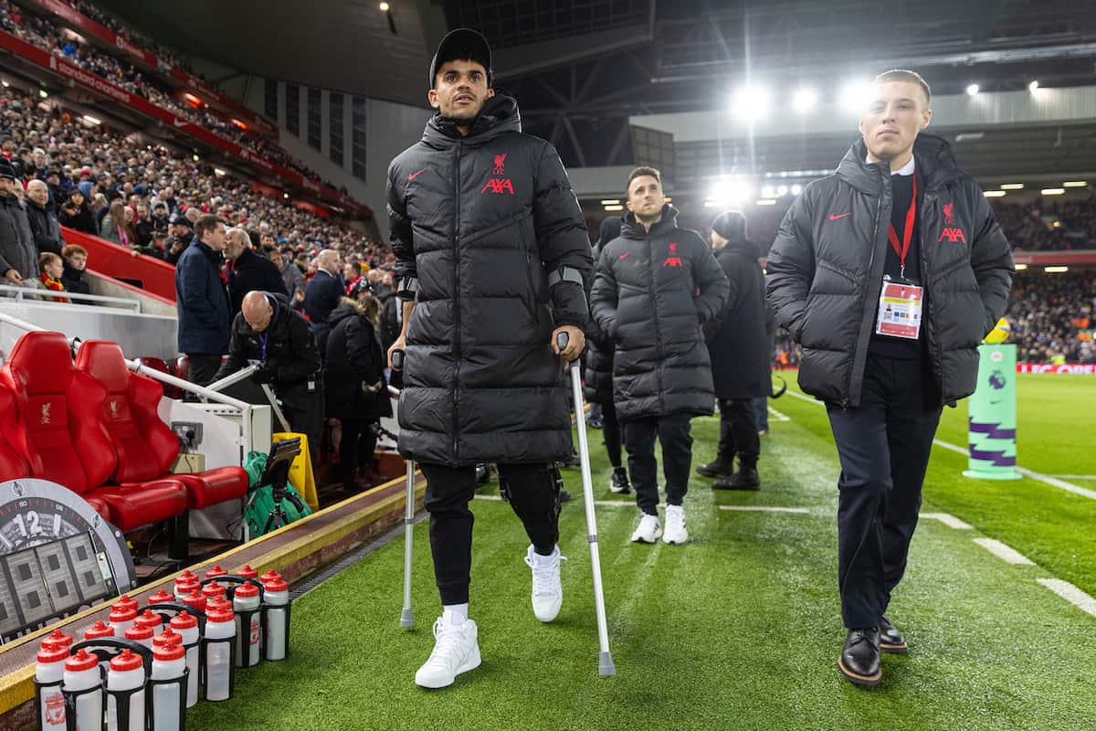 LIVERPOOL, ENGLAND - Friday, December 30, 2022: Liverpool's injured Luis Díaz during the FA Premier League match between Liverpool FC and Leicester City FC at Anfield. (Pic by David Rawcliffe/Propaganda)