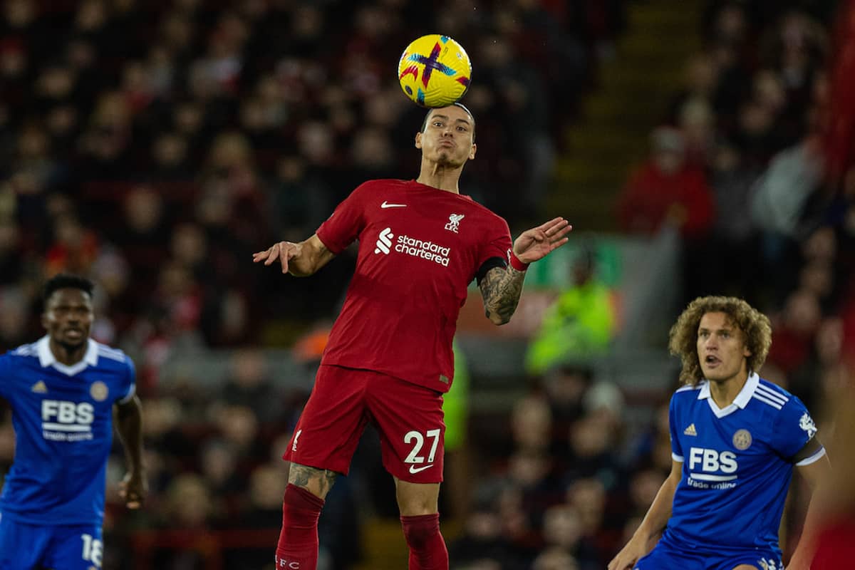 LIVERPOOL, ENGLAND - Friday, December 30, 2022: Liverpool's Darwin Núñez during the FA Premier League match between Liverpool FC and Leicester City FC at Anfield. (Pic by David Rawcliffe/Propaganda)