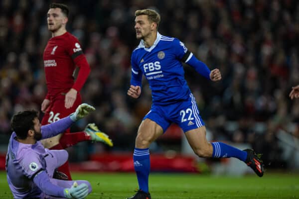 LIVERPOOL, ENGLAND - Friday, December 30, 2022: Leicester City's Kiernan Dewsbury-Hall scores the opening goal during the FA Premier League match between Liverpool FC and Leicester City FC at Anfield. (Pic by David Rawcliffe/Propaganda)