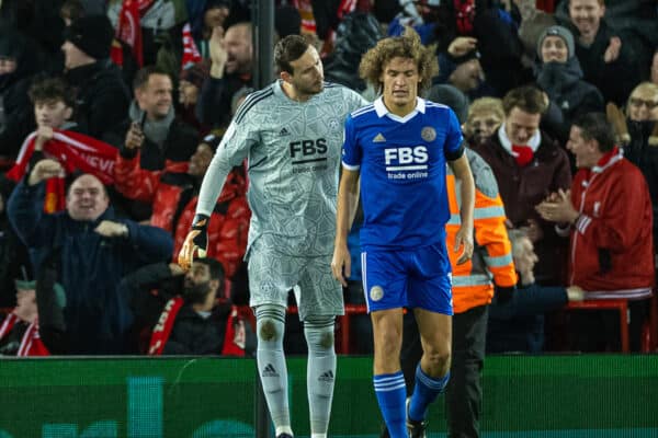 LIVERPOOL, ENGLAND - Friday, December 30, 2022: Leicester City's Wout Faes (R) looks dejected after scoring an own-goal as goalkeeper Danny Ward consoles him during the FA Premier League match between Liverpool FC and Leicester City FC at Anfield. (Pic by David Rawcliffe/Propaganda)