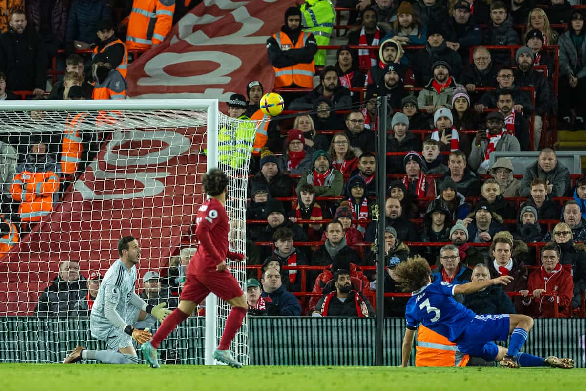 LIVERPOOL, ENGLAND - Friday, December 30, 2022: Leicester City's Wout Faes (R) scores an own goal during the FA Premier League match between Liverpool FC and Leicester City FC at Anfield. (Pic by David Rawcliffe/Propaganda)