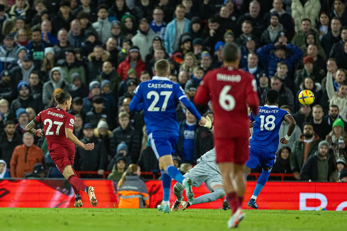 LIVERPOOL, ENGLAND - Friday, December 30, 2022: Liverpool's Darwin Núñez scores the second goal during the FA Premier League match between Liverpool FC and Leicester City FC at Anfield. (Pic by David Rawcliffe/Propaganda)