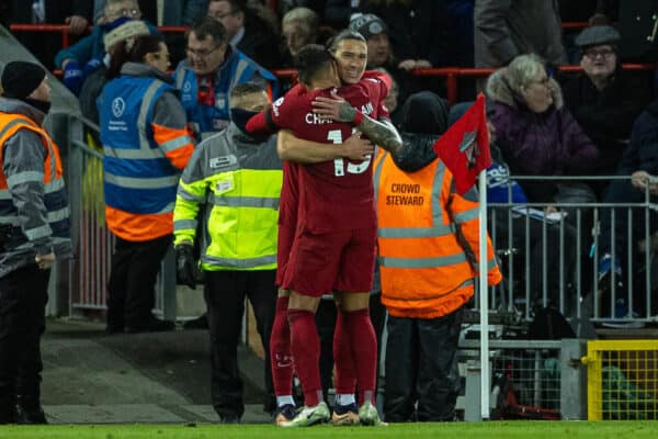 LIVERPOOL, ENGLAND - Friday, December 30, 2022: Liverpool's Darwin Núñez celebrates after scoring the second goal during the FA Premier League match between Liverpool FC and Leicester City FC at Anfield. (Pic by David Rawcliffe/Propaganda)