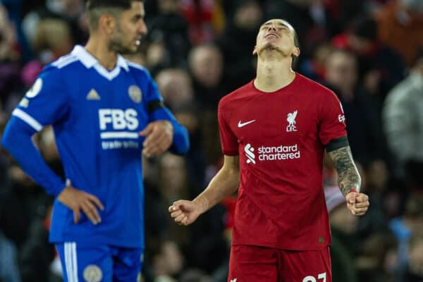 LIVERPOOL, ENGLAND - Friday, December 30, 2022: Liverpool's Darwin Núñez celebrates after scoring the second goal during the FA Premier League match between Liverpool FC and Leicester City FC at Anfield. (Pic by David Rawcliffe/Propaganda)