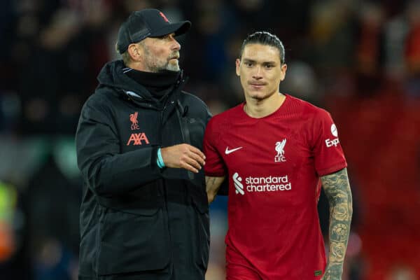 LIVERPOOL, ENGLAND - Friday, December 30, 2022: Liverpool's Darwin Núñez (R) and manager Jürgen Klopp after the FA Premier League match between Liverpool FC and Leicester City FC at Anfield. (Pic by David Rawcliffe/Propaganda)