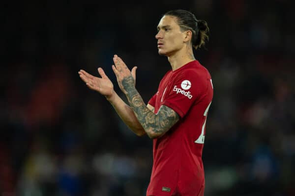 LIVERPOOL, ENGLAND - Friday, December 30, 2022: Liverpool's Darwin Núñez after the FA Premier League match between Liverpool FC and Leicester City FC at Anfield. (Pic by David Rawcliffe/Propaganda)