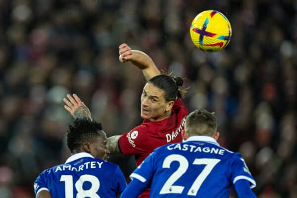 LIVERPOOL, ENGLAND - Friday, December 30, 2022: Liverpool's Darwin Núñez during the FA Premier League match between Liverpool FC and Leicester City FC at Anfield. (Pic by David Rawcliffe/Propaganda)