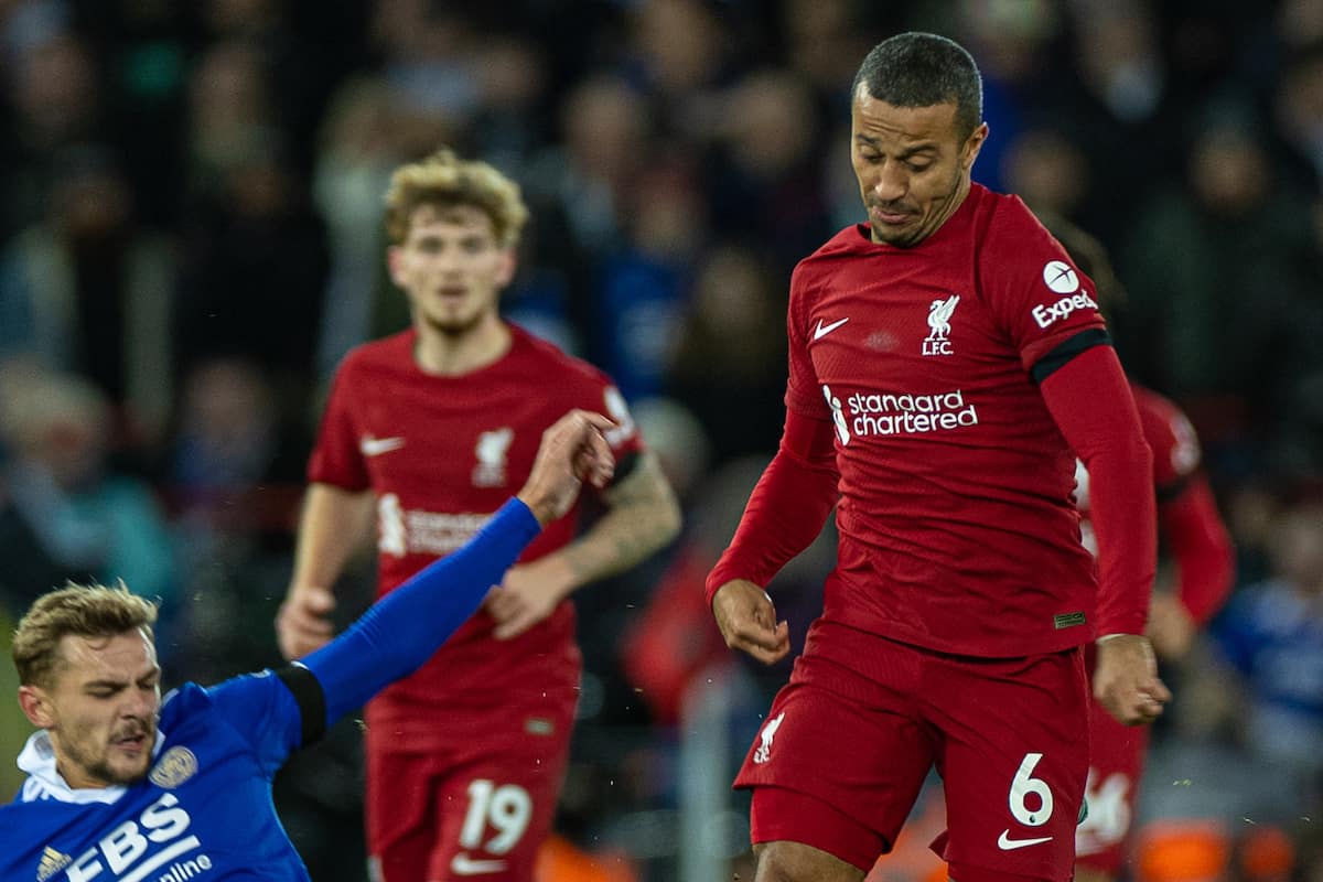 LIVERPOOL, ENGLAND - Friday, December 30, 2022: Liverpool's Thiago Alcântara (R) is challenged by Leicester City's Kiernan Dewsbury-Hall during the FA Premier League match between Liverpool FC and Leicester City FC at Anfield. (Pic by David Rawcliffe/Propaganda)