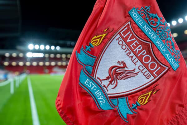 LIVERPOOL, ENGLAND - Wednesday, December 28, 2022: Liverpool's crest on a corner flag seen before the FA Premier League match between Liverpool and Leicester at Anfield. (Pic by David Rawcliffe/Propaganda)