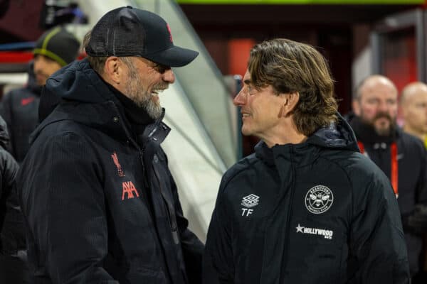 LONDON, ENGLAND - Monday, January 2, 2023: Liverpool's manager Jürgen Klopp with Brentford's manager Thomas Frank before the FA Premier League match between Brentford FC and Liverpool FC at the Brentford Community Stadium. (Pic by David Rawcliffe/Propaganda)