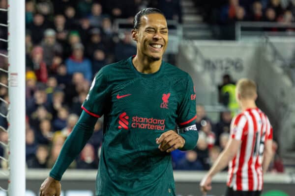 LONDON, ENGLAND - Monday, January 2, 2023: Liverpool's Virgil van Dijk reacts after missing a chance during the FA Premier League match between Brentford FC and Liverpool FC at the Brentford Community Stadium. (Pic by David Rawcliffe/Propaganda)