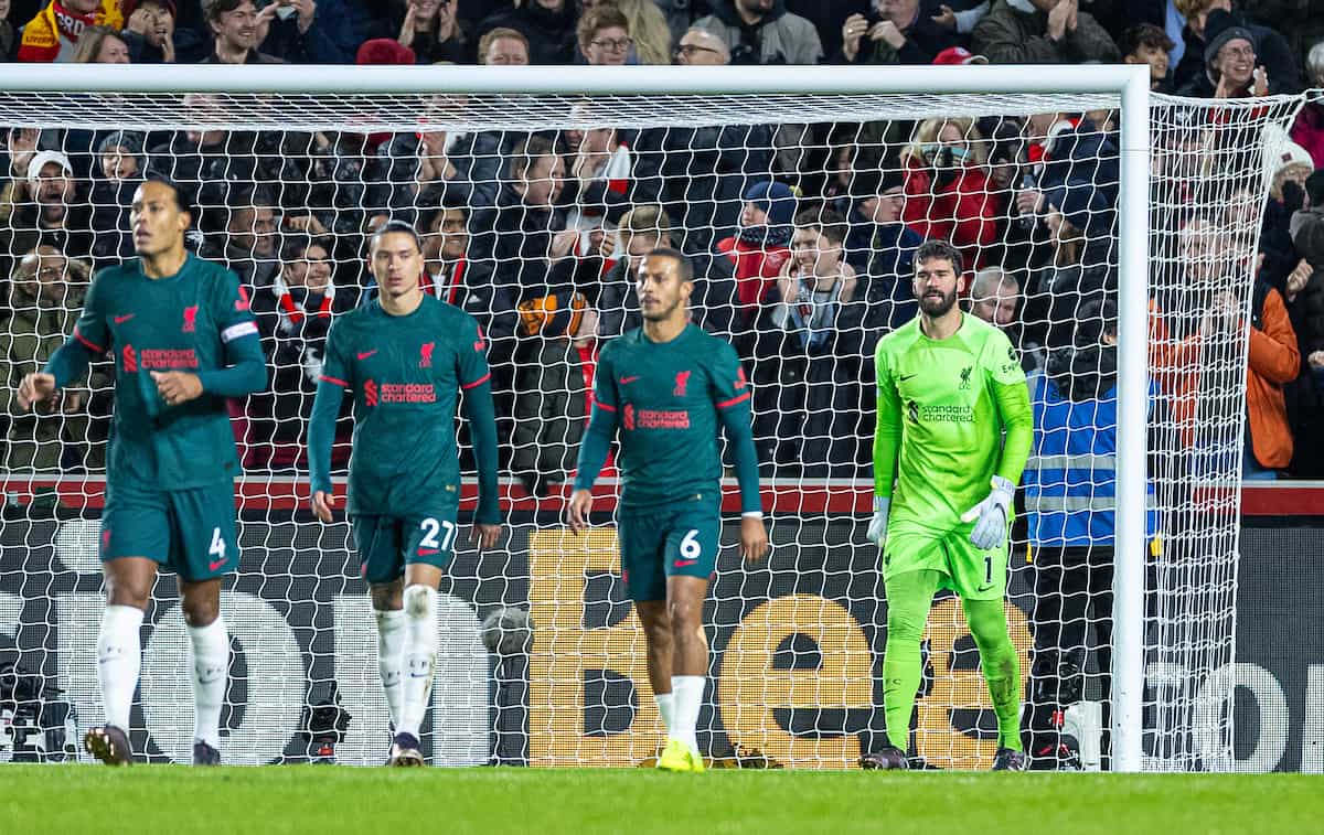 LONDON, ENGLAND - Monday, January 2, 2023: Liverpool's goalkeeper Alisson Becker looks dejected as Brentford score the opening goal during the FA Premier League match between Brentford FC and Liverpool FC at the Brentford Community Stadium. (Pic by David Rawcliffe/Propaganda)